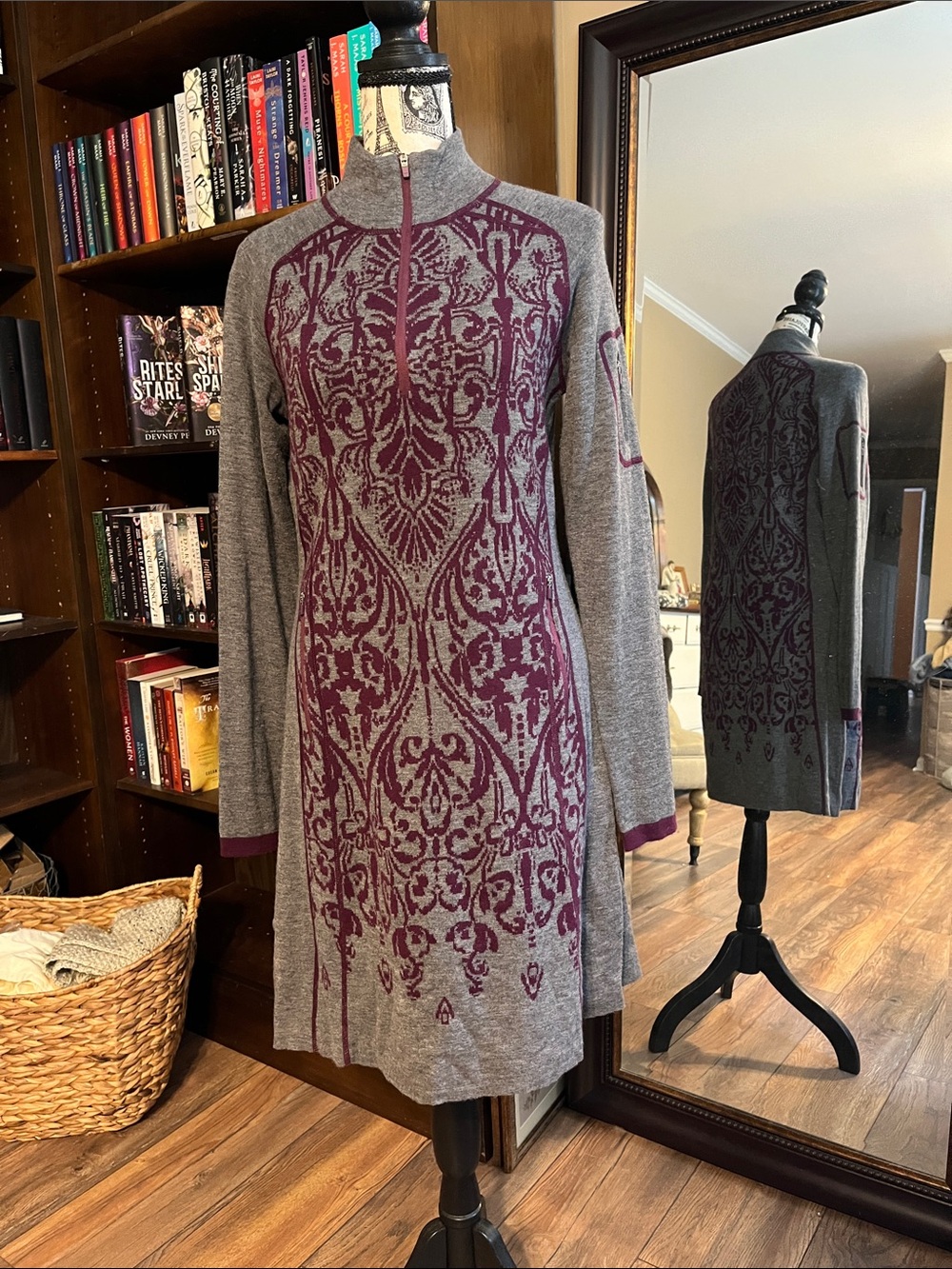 Title Nine Grey Knit Dress with Plum Jacquard Front